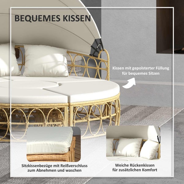Outsunny Sonneninsel, 4-tlg. Muschel Gartenmöbel-Set mit klappbarem Verdeck, Zweisitzer, Bank, Couchtisch, Gartenlounge Set, Sitzgruppe für Outdoor, Creme
