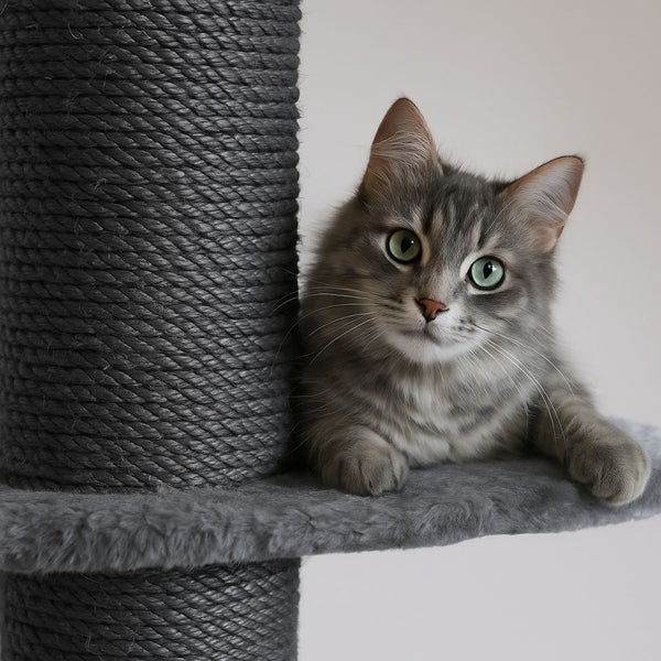 Eine Katze liegt auf der Liegefläche eines Kratzbaums mit Sisalstamm.