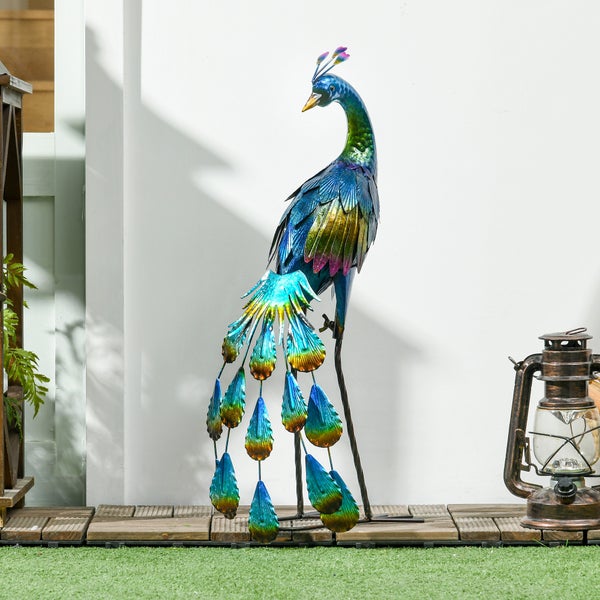 Outsunny Gartenstatue Pfau, Gartenfigur, wetterbeständig, für Balkon, Terrasse, Stahl, 59 cm, Bunt