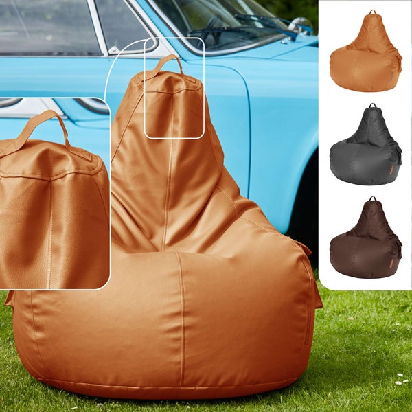 Green Bean Sitzsack aus Kunstleder mit EPS Perlen Füllung - 90 x 80 x 70 cm - Bean Bag Sitzkissen Sitzpuff Sitzsessel Bodenkissen Lounge Gaming Chair Rückenlehne - Cognac