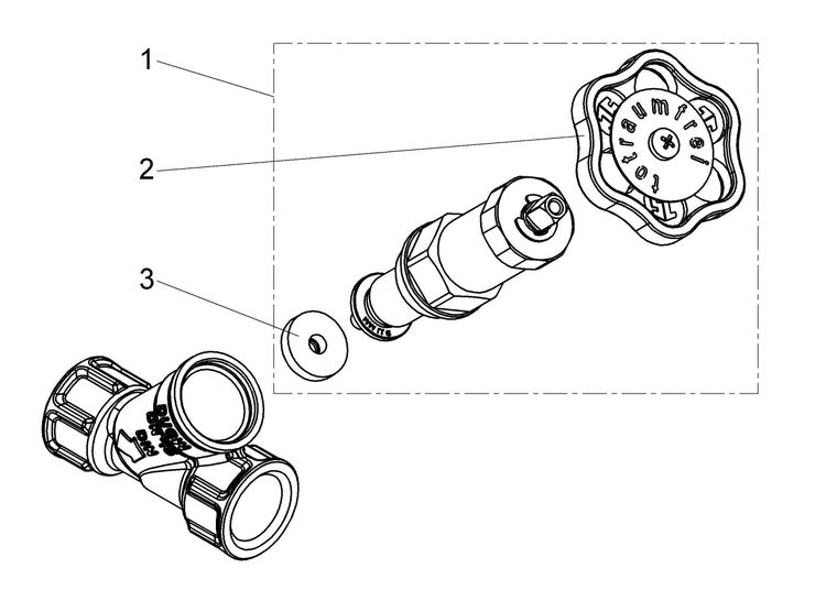 Explosionszeichnung eines Ventil-Ersatzteilsets mit Handrad, Ventileinsatz und Dichtung.