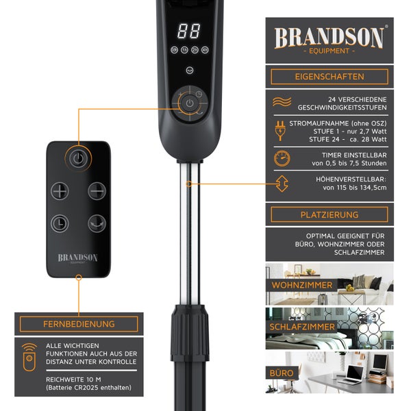 Brandson Standventilator 45,5cm Ø, DC, leise, Fernbedienung, energiesparend, Oszillation, 25 Stufen, schwarz