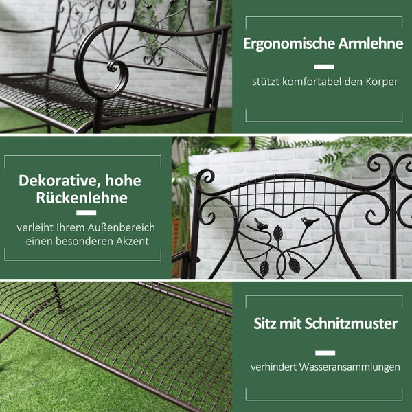 Outsunny Gartenbank mit Tisch, 2-Sitzer Sitzbank mit Rückenlehne, 114 x 53,5 x 91 cm, wetterfest Antik Metall, Kaffee