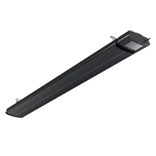 Schwarzer Infrarot-Heizstrahler in länglicher, flacher Form mit gerippter Metalloberfläche und Halterungen zur Montage.