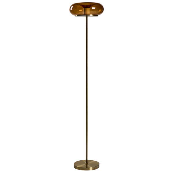 Moderne Stehlampe mit rundem Glaslampenschirm und schlankem Metallfuß für eine elegante Beleuchtung im Wohnbereich.