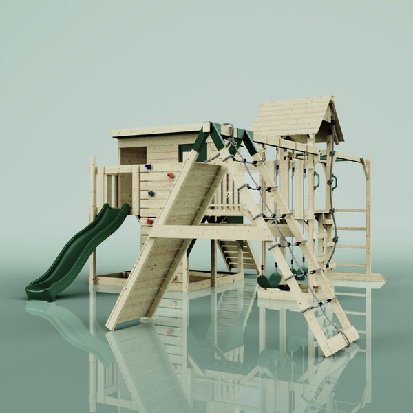 Holzspielhaus mit Rutsche, Kletterwand, Seilleiter und Schaukel