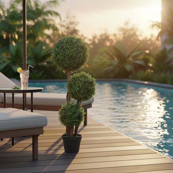 Künstlicher Buchsbaum mit drei Kugeln im schwarzen Topf auf einer Holzterrasse am Pool mit Sonnenliegen.