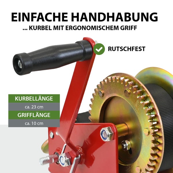 Handseilwinde mit rutschfestem Griff und einer Kurbellänge von circa 23 Zentimetern sowie einer Grifflänge von circa 10 Zentimetern.