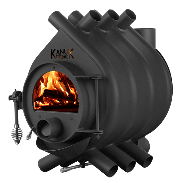 Kaminofen mit Brennholz und Kanuk Original Logo