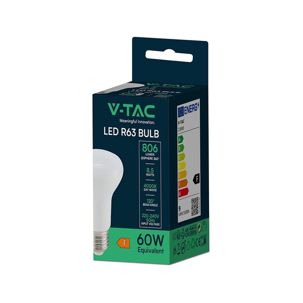 V-TAC LED R63 Leuchtmittel Verpackung, 8,5 Watt entspricht 60 Watt, 806 Lumen, 4000 Kelvin tageslichtweiß, Energieeffizienzklasse F.