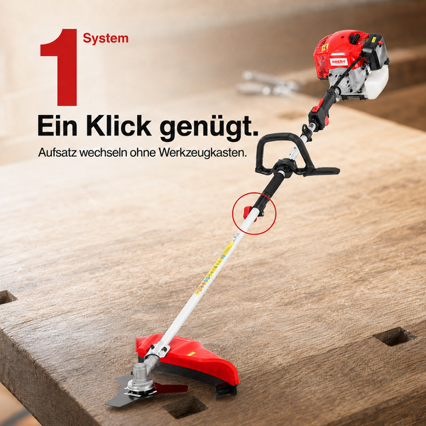 Hecht Benzin-Multifunktionsgerät mit werkzeuglosem Klicksystem zum Wechseln von Aufsätzen, montiert mit einem Freischneider-Aufsatz.