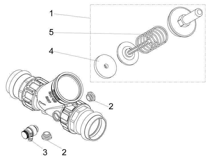 Explosionszeichnung einer Armatur mit Kennzeichnung DIN Nenndurchmesser 40, bestehend aus Gehäuse, Feder, Dichtung und Zubehör.