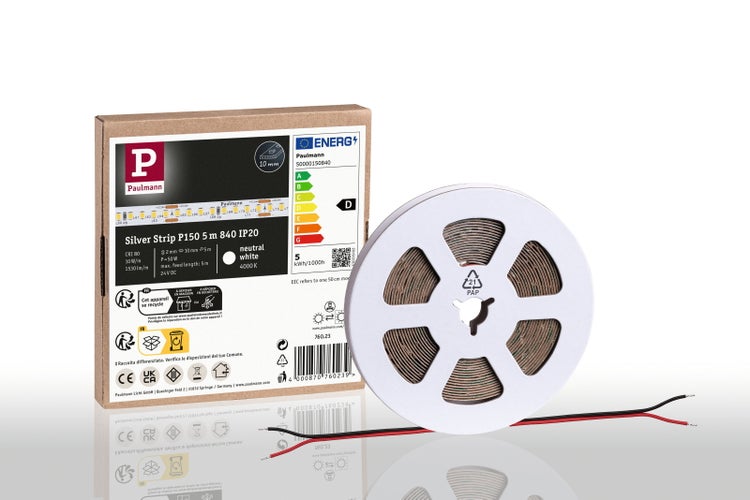 Paulmann LED-Streifen Silver Strip P150, 5 Meter lang, neutralweiß, 4000 Kelvin, Schutzart IP20, Energieeffizienzklasse D, auf Rolle, Paulmann Logo.