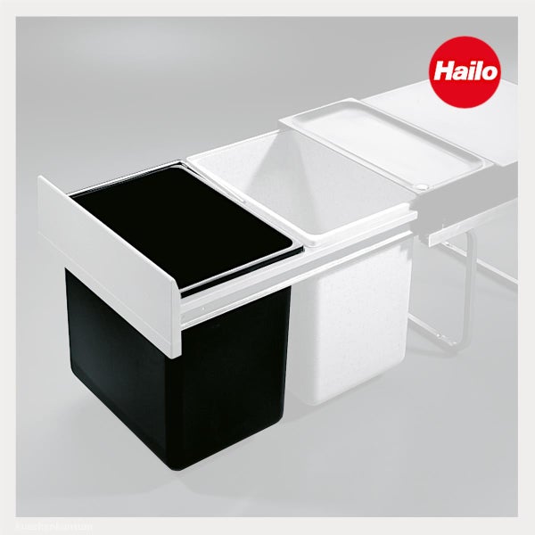 Hailo Einbaumülleimer Mülltrennsystem mit zwei ausziehbaren Eimern für Küchenunterschränke. Hailo Logo.