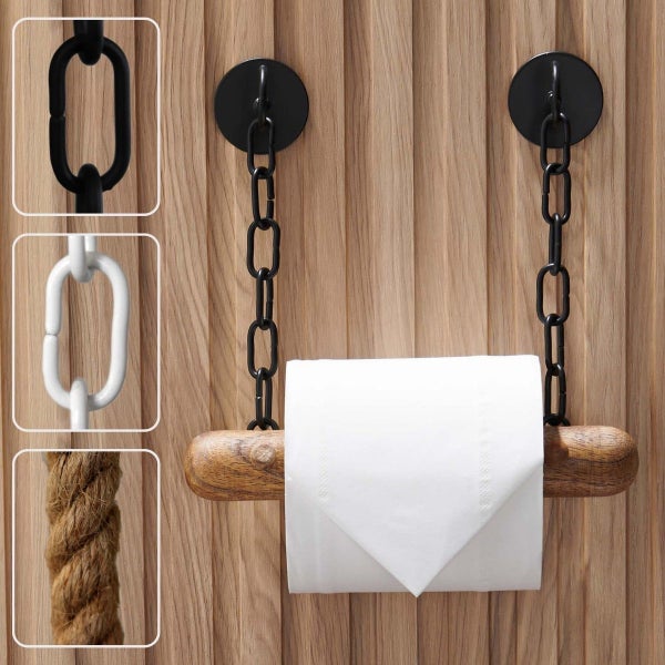 Toilettenpapierhalter mit Holzrolle und Kettenaufhängung an Wandmontageplatten, mit Auswahlmöglichkeiten für Ketten und Seil.