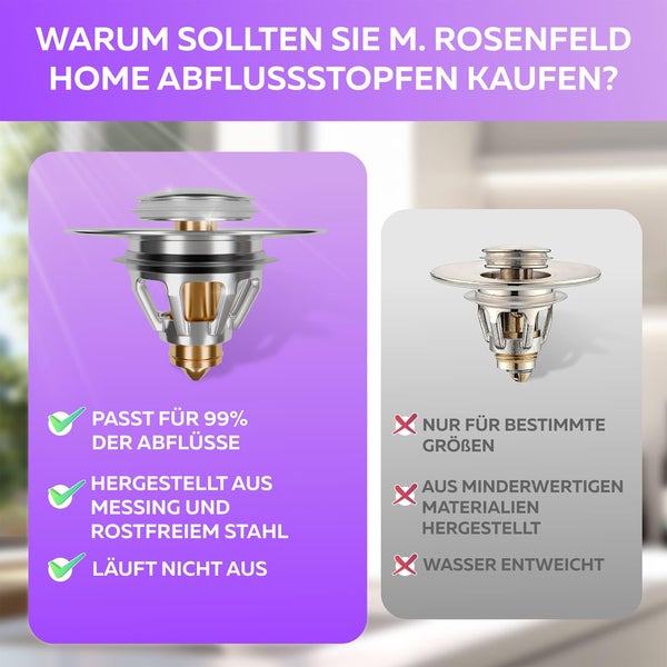 M. Rosenfeld Home Abflussstopfen Produktvorteile: Passend für 99% der Abflüsse, hergestellt aus Messing und rostfreiem Stahl, läuft nicht aus.