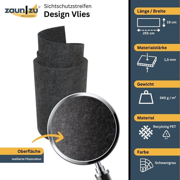 Blickdichtes Design Vlies Zaunband in Anthrazit, 255 cm Länge und 19 cm Breite