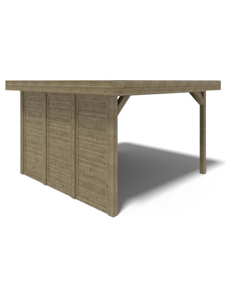 Holz Carport mit Flachdach und seitlicher Wandverkleidung aus Holzbrettern für den Außenbereich.