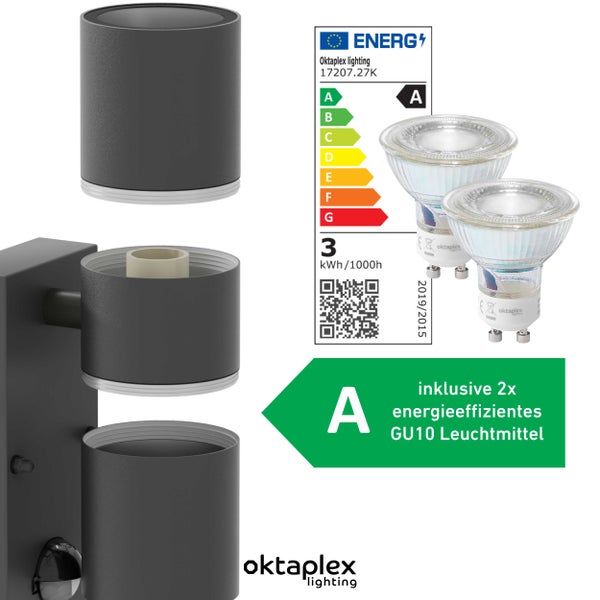 Oktaplex Chile Außenlampe mit Bewegungsmelder Edelstahl 2x GU10 Leuchtmittel Warmweiß Anthrazit