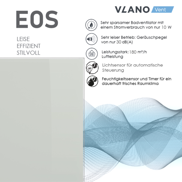 Badventilator VLANO EOS, 10 Watt, 30 Dezibel, 180 Kubikmeter pro Stunde Luftleistung, Lichtsensor, Feuchtigkeitssensor und Timer.