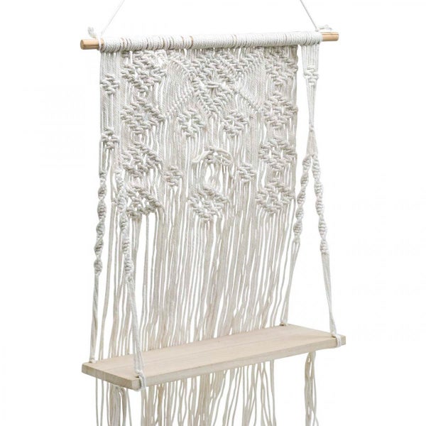 Makramee Wandregal mit Holzbrett und geflochtenem Muster