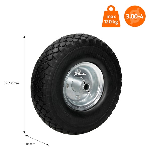 ECD Germany 2er Set Sackkarrenrad Blockprofil aus pannensicherem PU Vollgummi - 3.00-4 / Ø260x85mm - mit Kugellager und Stahlfelge - 120kg - Schwarz - Bollerwagenrad Sackkarren Rad Ersatzrad Reifen