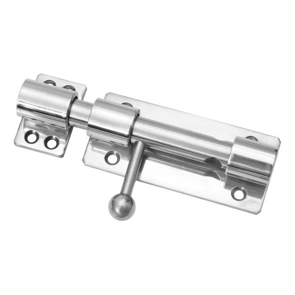 Ein silberner Bolzenriegel aus Metall zur Türsicherung.