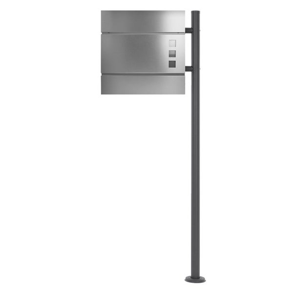 ECD Germany Standbriefkasten mit Zeitungsfach, Design Briefkasten mit Pfosten, Standfuß freistehend, Briefkastenanlage, Briefkastenständer Anthrazit Edelstahl, Postkasten Silber Stahl matt gebürstet