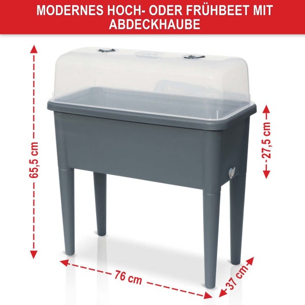 Hochbeet oder Frühbeet aus Kunststoff mit Abdeckhaube, grau, Maße 76 mal 37 mal 65,5 Zentimeter.