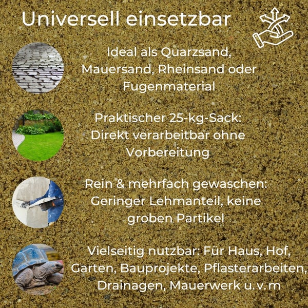 Quarzsand Universal 25 Kg 0,1 - 2 mm Sand Rheinsand Mauersand universell einsetzbarer Sand für alle arbeiten im Haus Hof und Garten