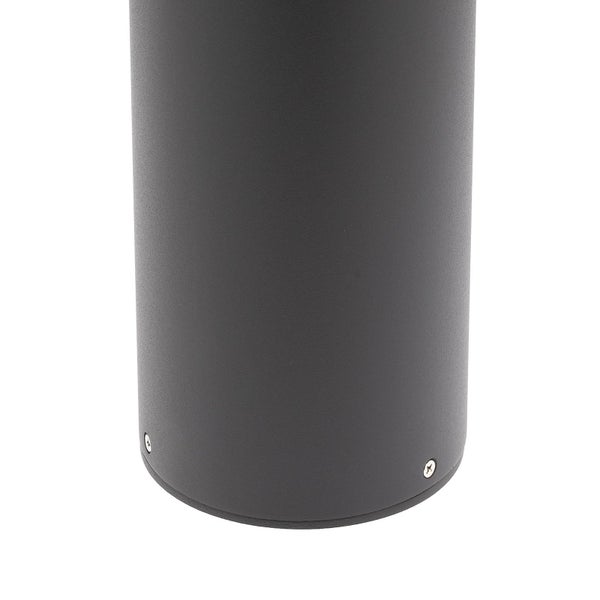 Nahaufnahme des unteren Teils einer zylindrischen, anthrazitfarbenen Außenlampe mit zwei sichtbaren Schrauben.