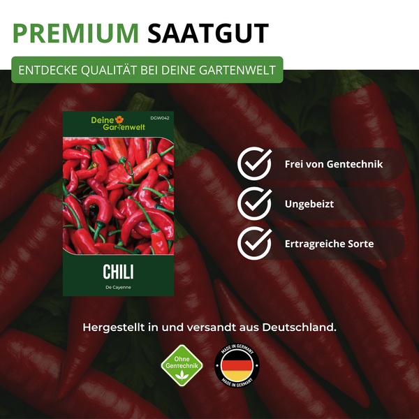Deine Gartenwelt Chili De Cayenne Samen, premium Saatgut, ungebeizt, frei von Gentechnik, ertragreiche Sorte, hergestellt in Deutschland.
