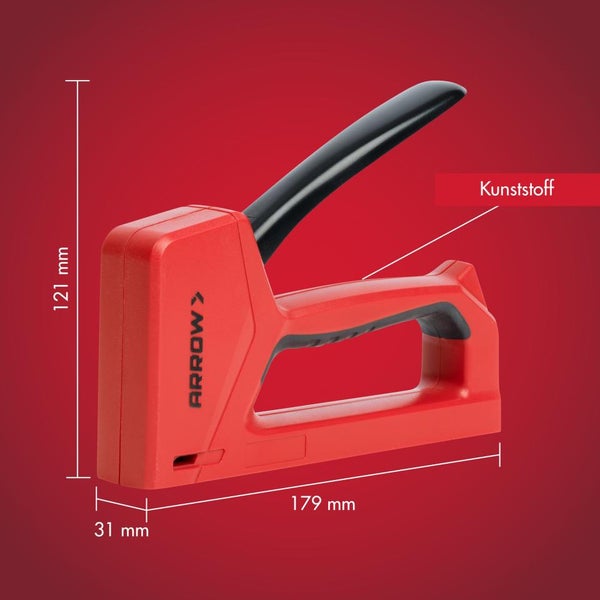 Arrow Handtacker aus Kunststoff in Rot mit Arrow Logo und Abmessungen von 121 Millimeter Höhe, 179 Millimeter Länge und 31 Millimeter Breite.