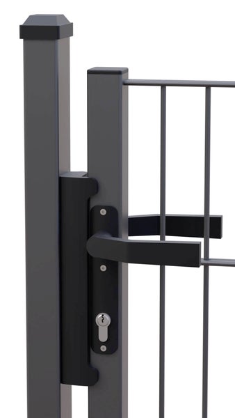 Gartentor ZAUNGURU ECO-Line aus Metall, Höhe: 143cm, Breite: 117cm, 1-flügelig inkl. Pfosten, Locinox-Schloss und Zubehör, Feuerverzinkt und zusätzlich in RAL 7016 Anthrazitgrau pulverbeschichtet
