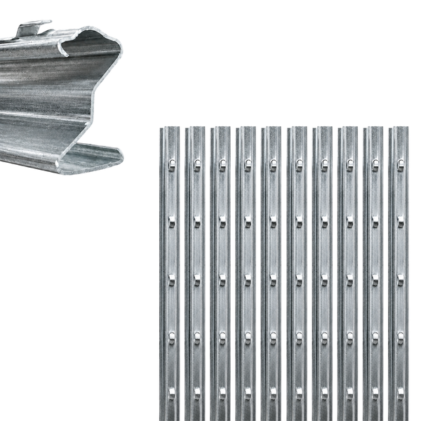 Verzinkte Weinbergpfähle aus Metall mit Z-Profil und integrierten Haken für Drahtbefestigungen.