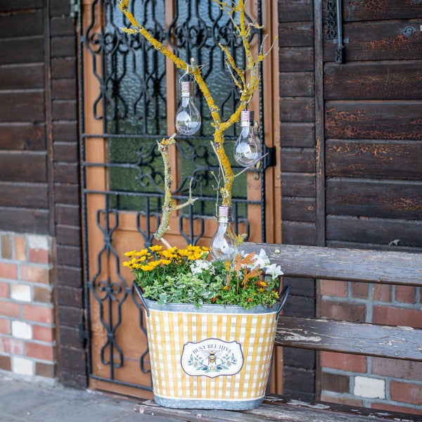 Dekorativer Pflanzkübel mit Blumen und Ästen mit Lampen auf einer Bank