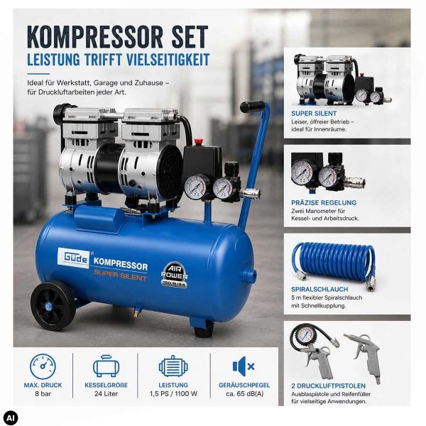 Guede Kompressor Set mit 24 Liter Kessel, 8 bar Druck, 1100 Watt Leistung, inklusive Spiralschlauch und zwei Druckluftpistolen.