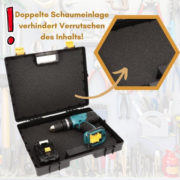 Geöffneter Werkzeugkoffer mit Akku-Bohrschrauber und Schaumstoffeinlage