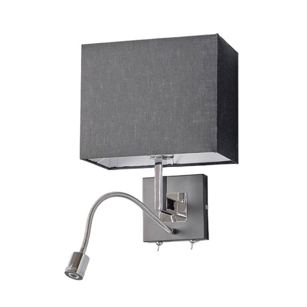 Moderne Wandleuchte mit dunkelgrauem Stoffschirm und verstellbarem Lesearm in Chrom.