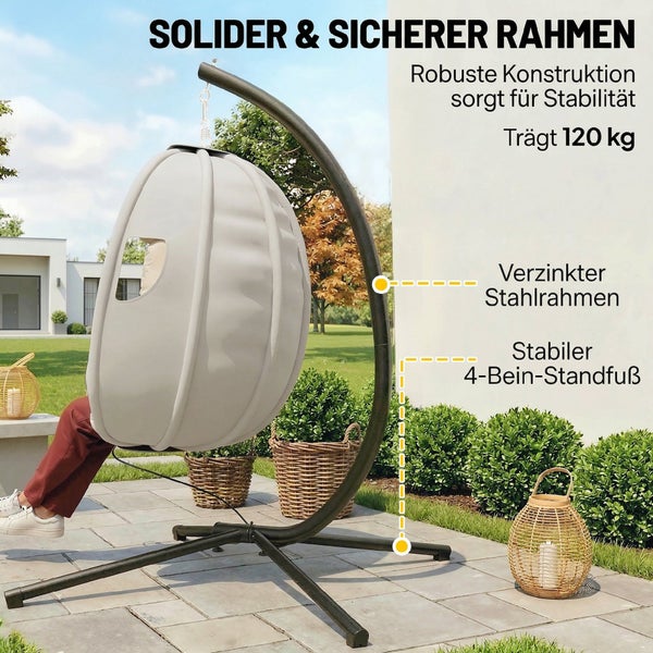 Hängesessel mit verzinktem Stahlrahmen und stabilem 4-Bein-Standfuß im Garten, belastbar bis 120 Kilogramm.