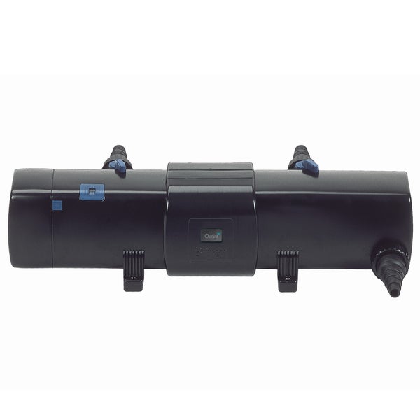 Oase Bitron UVC-Vorklärgerät aus schwarzem Kunststoff für Teiche mit Schlauchanschlüssen und Kontrollfenster.