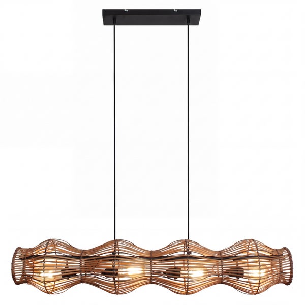 4-flammige Pendelleuchte mit wellenförmigem Rattangeflecht-Schirm und schwarzer Deckenhalterung für den Innenbereich.