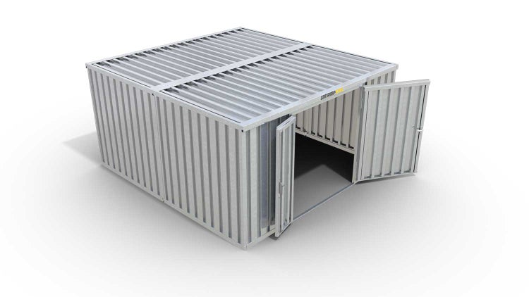 Lagercontainer Gerätehaus L2  – 16 qm, H2115 x B4050 x T4340 mm, verzinkt, ohne Fußboden, 1830 mm Doppelflügeltür mittig in Stirnseite, zerlegt