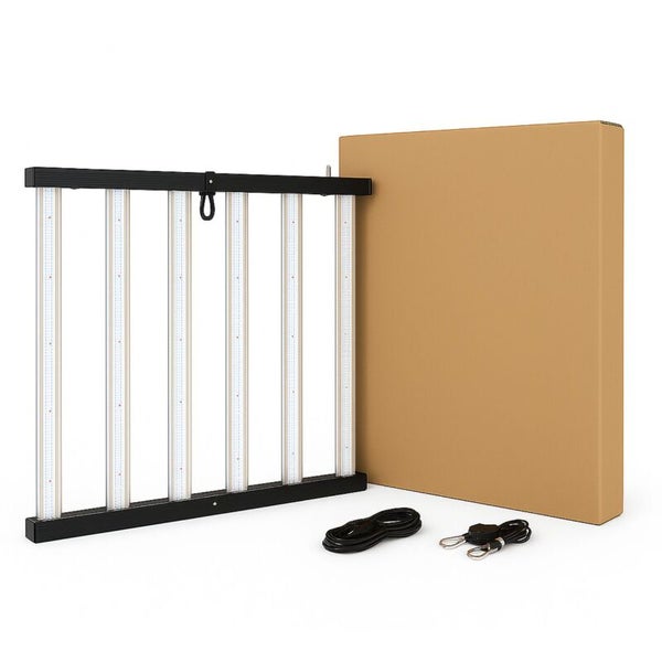 LED-Pflanzenlampe mit sechs Lichtleisten, Kartonverpackung, Stromkabel und Aufhängeset.