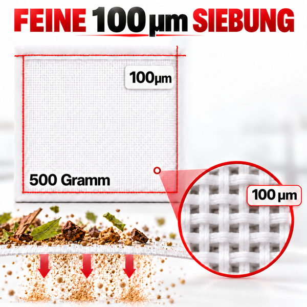 Feiner Filtersack mit 100 Mikrometer Maschenweite und 500 Gramm Kapazität zur Filtration von Partikeln.