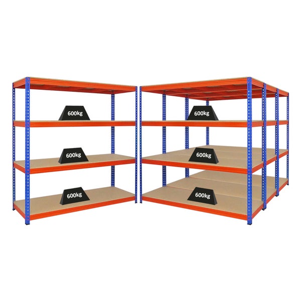 PROREGAL Mega Deal 4x Profi Schwerlastregal Bison HxBxT 200 x 200 x 60 cm 4 Fachböden Fachlast 600 kg Blau-Orange