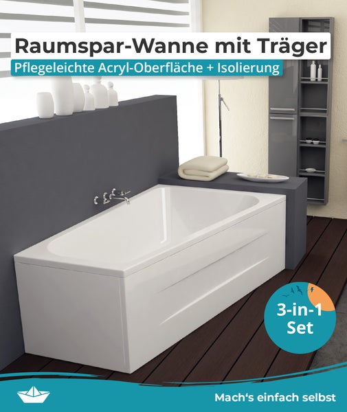 Weiße Raumsparbadewanne aus Acryl mit Wannenträger und Isolierung als 3 in 1 Set in einem modernen Badezimmer.