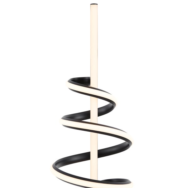 Moderne LED-Stehleuchte in Schwarz mit einem spiralförmigen Leuchtelement um einen zentralen Lichtstab.