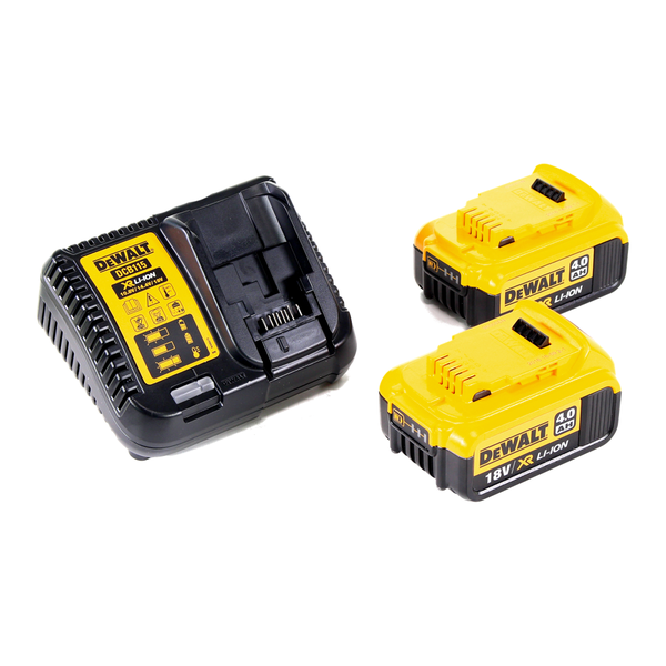 DeWalt Akku Starter-Set mit Ladegerät DCB115 und zwei 18 Volt 4,0 Amperestunden XR Lithium-Ionen Akkus.