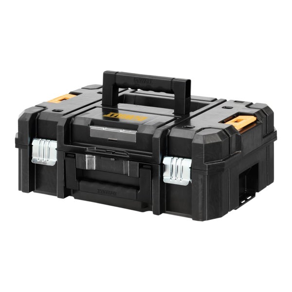 DeWALT Werkzeugbox aus Kunststoff mit Metallschließen und Tragegriff zur organisierten Aufbewahrung von Werkzeug.